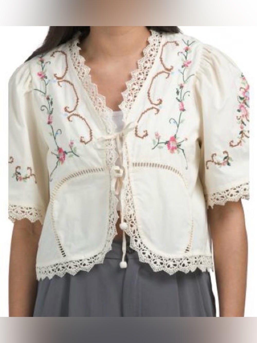 Jennifer & Grace Romantic Eyelet Embroidered Short Sleeve Tie Front Blouse L